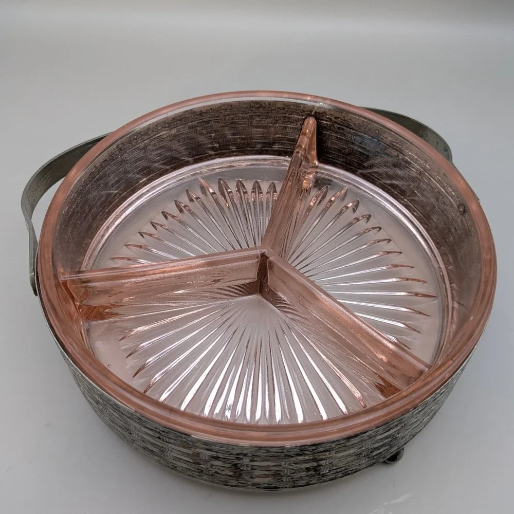 Vintage 1930s Art Deco Pink Depression Glass Divided Dish Gold Trim Metal Basket